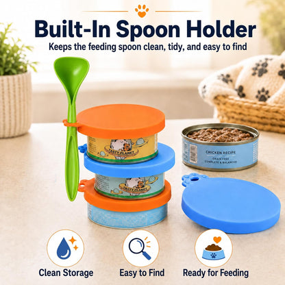 Lydia’s Deal Pet Food Can Covers 2-Pack, Thick Silicone Universal Can Lids for Dog & Cat Food, Fits 3oz/5.5oz/12oz, Airtight Seal, Durable & Dishwasher Safe, Easy Grip with Spoon (Blue & Orange)
