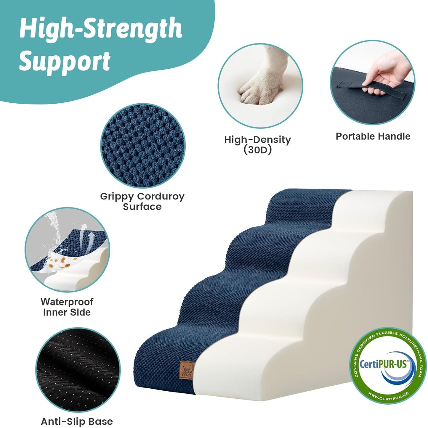 COZY KISS Dog Stairs for Small Dogs 15.7" H, Curved Dog Step for Puppy, Older Cat, Medium Pet Ramp for Sofa, Couch or Chair, Ladder with High Density Foam, 3 Step, 15.7x22.4x15.7 inch, Beige