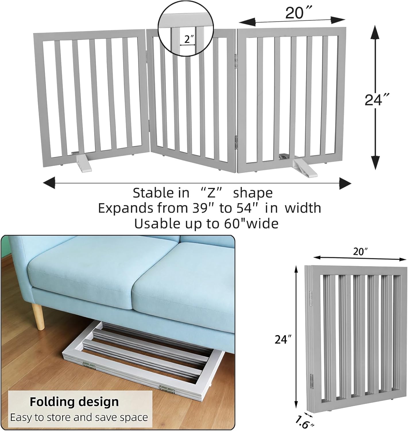 Dog Gate Indoor, Freestanding Dog Fence for The House, Doorways, Hallways,or Stairs,Pet Gate Foldable Wooden,Expandable 24" Height 3 Panels,White