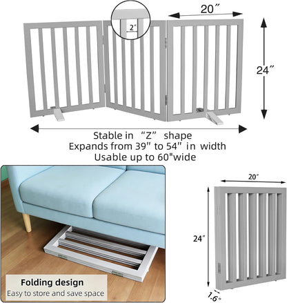 Dog Gate Indoor, Freestanding Dog Fence for The House, Doorways, Hallways,or Stairs,Pet Gate Foldable Wooden,Expandable 24" Height 3 Panels,White