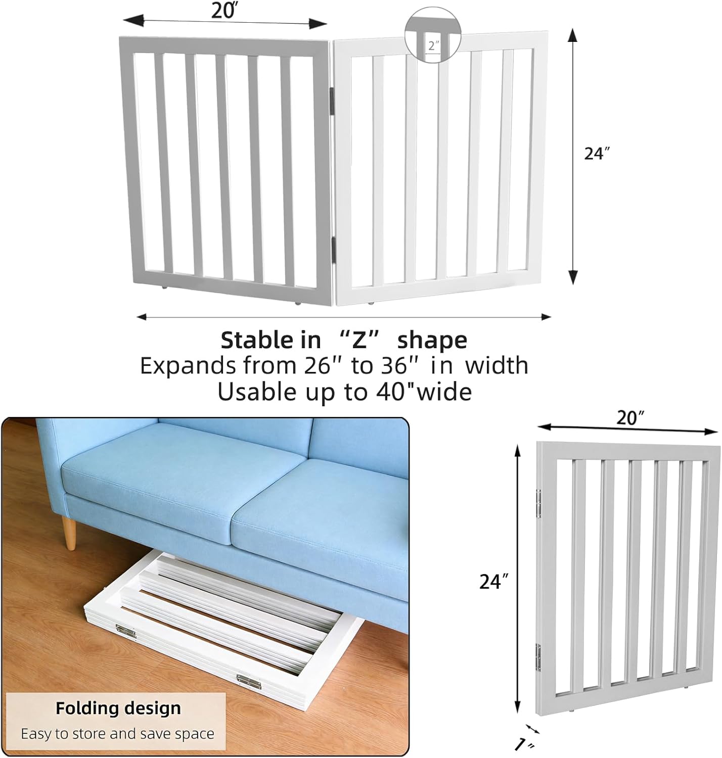 Dog Gate Indoor, Freestanding Dog Fence for The House, Doorways, Hallways,or Stairs,Pet Gate Foldable Wooden,Expandable 24" Height 3 Panels,White