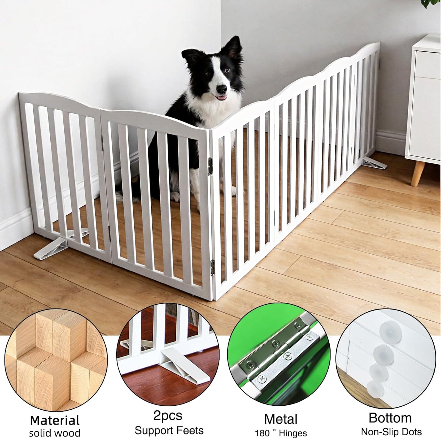 Freestanding Dog Gate Indoor,Doggie Gate Foldable Dog Gates for Doorways,Stairs or Hallways, Wooden White Pet Gate for the House, Pet Fence with Support Feet Included,24 "Height-4 Panels