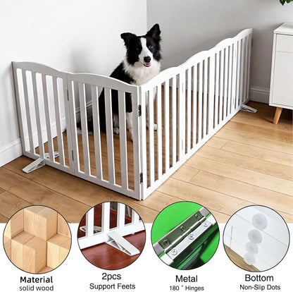 Freestanding Dog Gate Indoor,Doggie Gate Foldable Dog Gates for Doorways,Stairs or Hallways, Wooden White Pet Gate for the House, Pet Fence with Support Feet Included,24 "Height-4 Panels