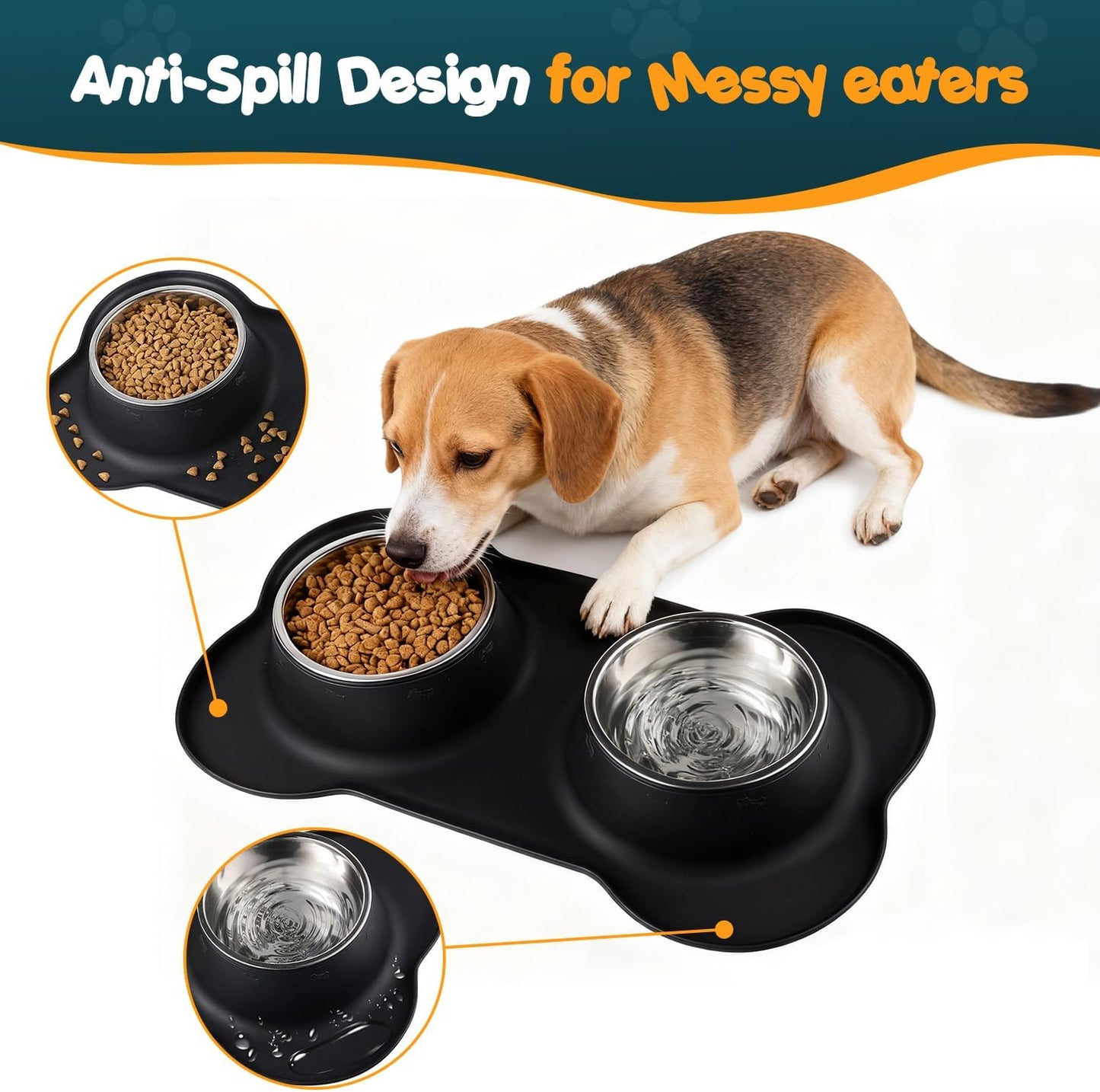 Double Dog Food Bowls Stainless Steel & Water Dish with No-Spill and Non-Slip Silicone Mat, Removable Puppy Feeder Bowls for Small Medium Size Cat Dogs Kitten,14oz