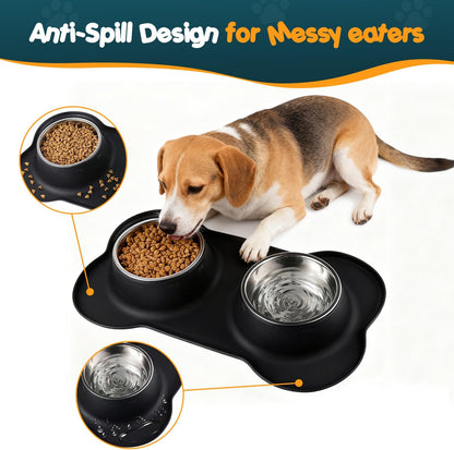 Double Dog Food Bowls Stainless Steel & Water Dish with No-Spill and Non-Slip Silicone Mat, Removable Puppy Feeder Bowls for Small Medium Size Cat Dogs Kitten,14oz