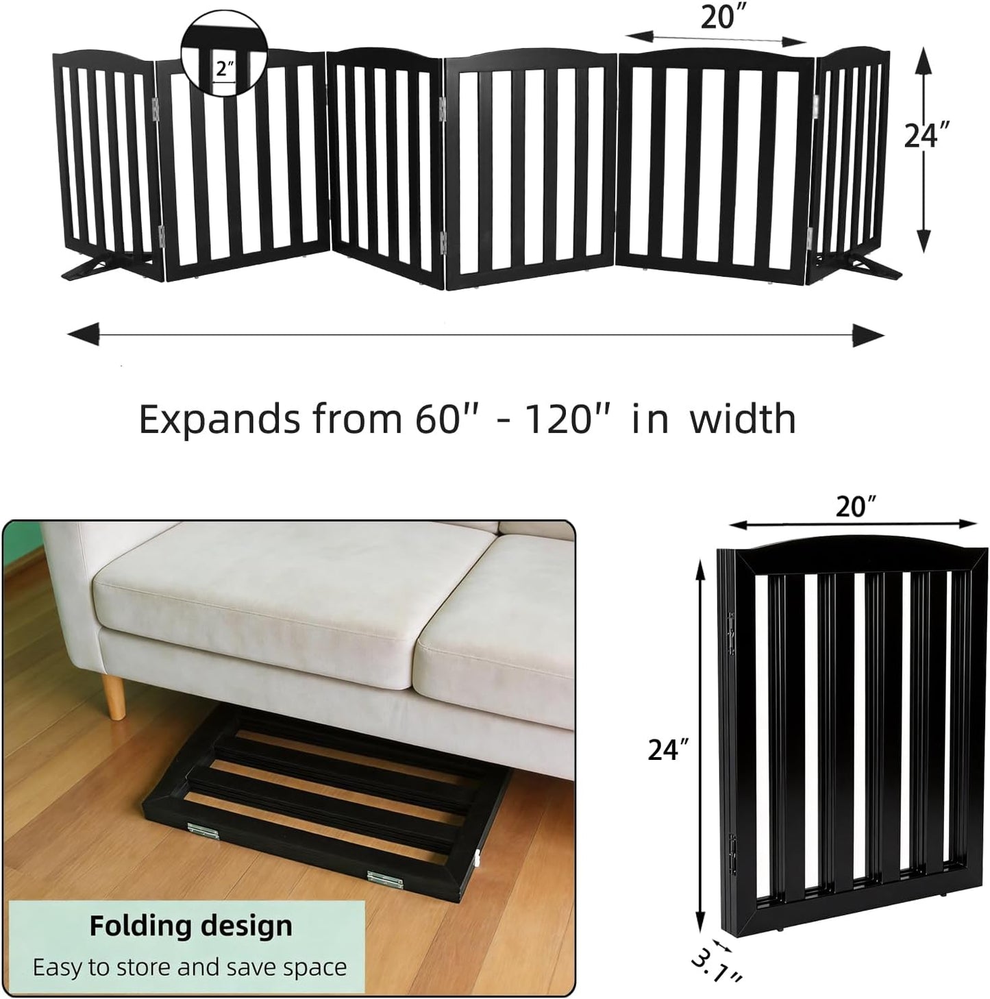 Freestanding Dog Gate Indoor,Doggie Gate Foldable Dog Gates for Doorways,Stairs or Hallways, Wooden White Pet Gate for the House, Pet Fence with Support Feet Included,24 "Height-4 Panels