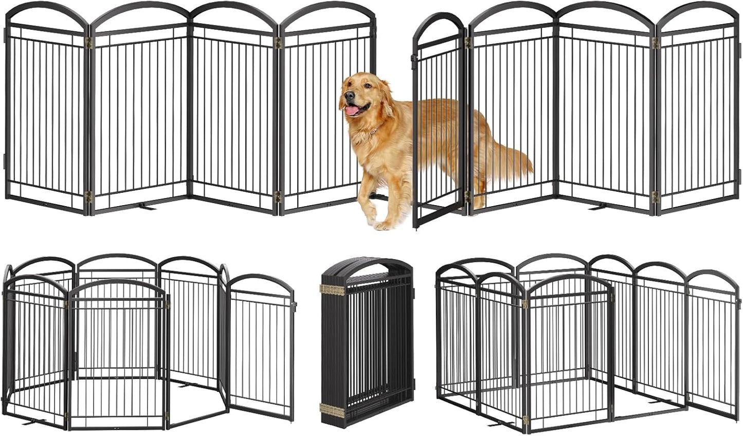 Full Metal Free Standing Dog Gate with Door for Indoor & Outdoor,96'' Extra Wide 32'' Tall Dog Gate for The Doorways,Large Openings,Decks,Porch,Pet Freestanding Safety Fence(4 Panels,Black)