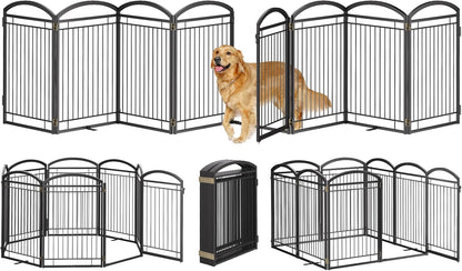 Full Metal Free Standing Dog Gate with Door for Indoor & Outdoor,96'' Extra Wide 32'' Tall Dog Gate for The Doorways,Large Openings,Decks,Porch,Pet Freestanding Safety Fence(4 Panels,Black)