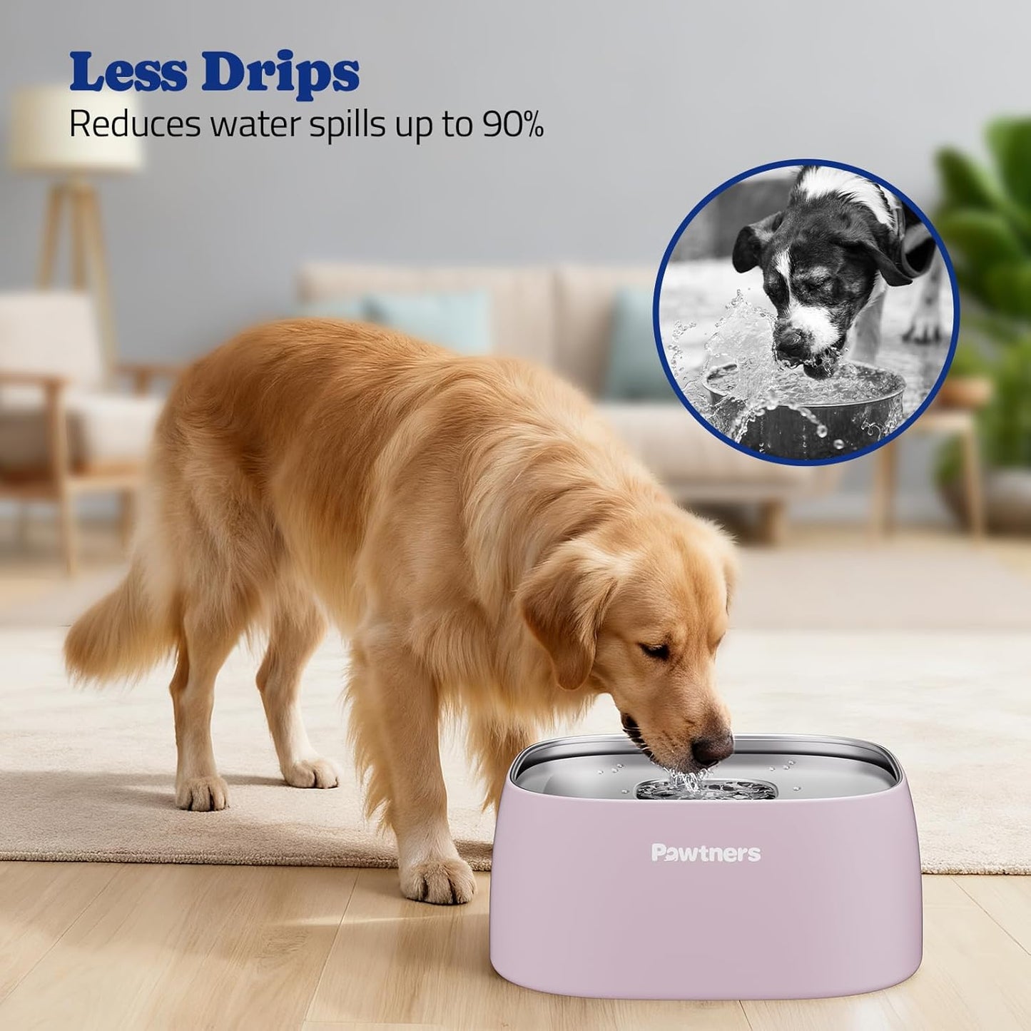 Pawtners All Stainless Steel Dog Water Bowl No Spill,135oz Anti-Splash Dog Bowl with Non-Slip Base, Spill Proof for Medium Large Messy Drinkers, Slow Drinking, Slobber Stopper,Easy to Clean