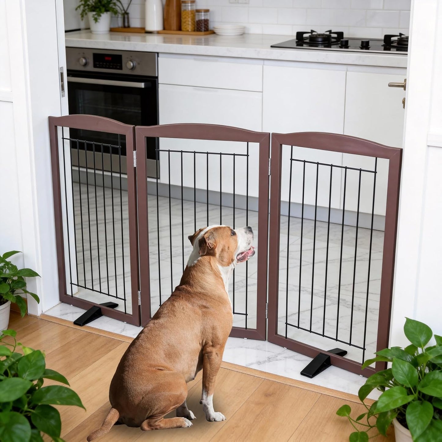 ZJSF Freestanding Dog Fence Indoor, Foldable Dog Gate for Doorways, Stairs or Hallways, Sturdy Wood Extra Wide Pet Gate with Support Feet for The House, White, 24 "Height-3 Panels