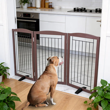 ZJSF Freestanding Dog Fence Indoor, Foldable Dog Gate for Doorways, Stairs or Hallways, Sturdy Wood Extra Wide Pet Gate with Support Feet for The House, Brown, 32 "Height-3 Panels
