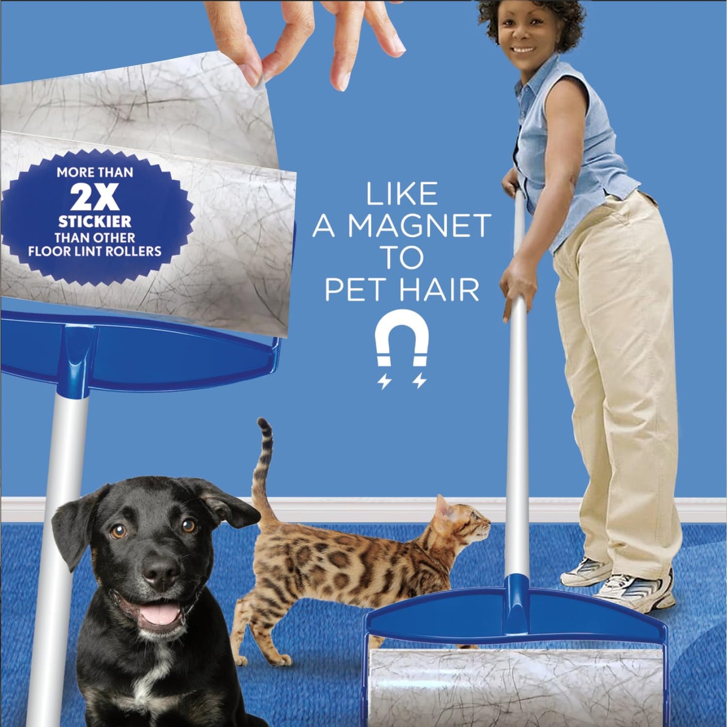 LOLA Rola PET Hair Remover Sticky Mop, Giant Floor Lint Roller, 9" x 3.5", Aluminum Handle, Largest Head, Traps Hair, Dust, Dirt, Extra Sticky Sheets