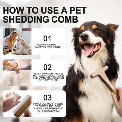 MaximiLian Medium Pet Deshedding Brush with Solid Wood Handle Deshedding Dog Brush for Shedding Undercoat Rake Pet Grooming Tool for Dogs and Cats Remove Loose Hair Mats Knots Tangles