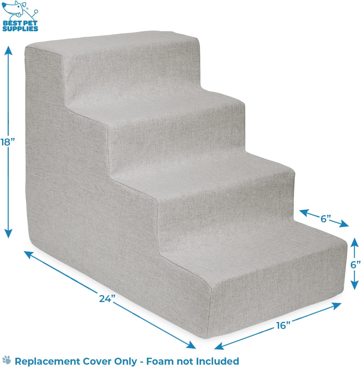 Best Pet Supplies Foam Pet Steps Cover for Small Dogs and Cats, Portable Ramp Stairs for Couch, Sofa, and High Bed Climbing (Cover Only) - Ash Gray Linen, 3-Step (Cover Only)