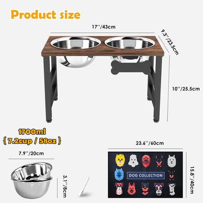 ADENGL Metal Raised Dog Bowl, 10" Tall Elevate Dog Feeder Stand with 2 Stainless Steel 42oz Bowls & 16x24 Non-Slip Mat – Stronger Dogs Food & Water Bowl Stand (Black)
