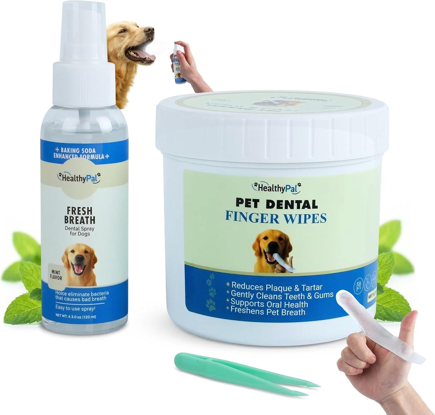 Pet Dental Finger Wipes for Dogs & Cats – 50 Mint Flavor Dog Dental Wipes + Mint Fresh Breath Spray, Dog Tooth Brushing Kit, Helps Remove Bad Breath & Plaque & Tartar Buildup