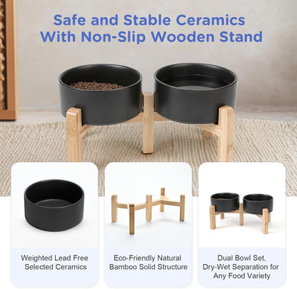 SPUNKYJUNKY Elevated Dog Bowls Ceramic, 6.1'' Dogs and Cat Food Water Bowls Raised with Non-Slip Bamboo Stand for Medium Sized Breed Microwave Dishwasher Safe - 28.7 OZ,Beige