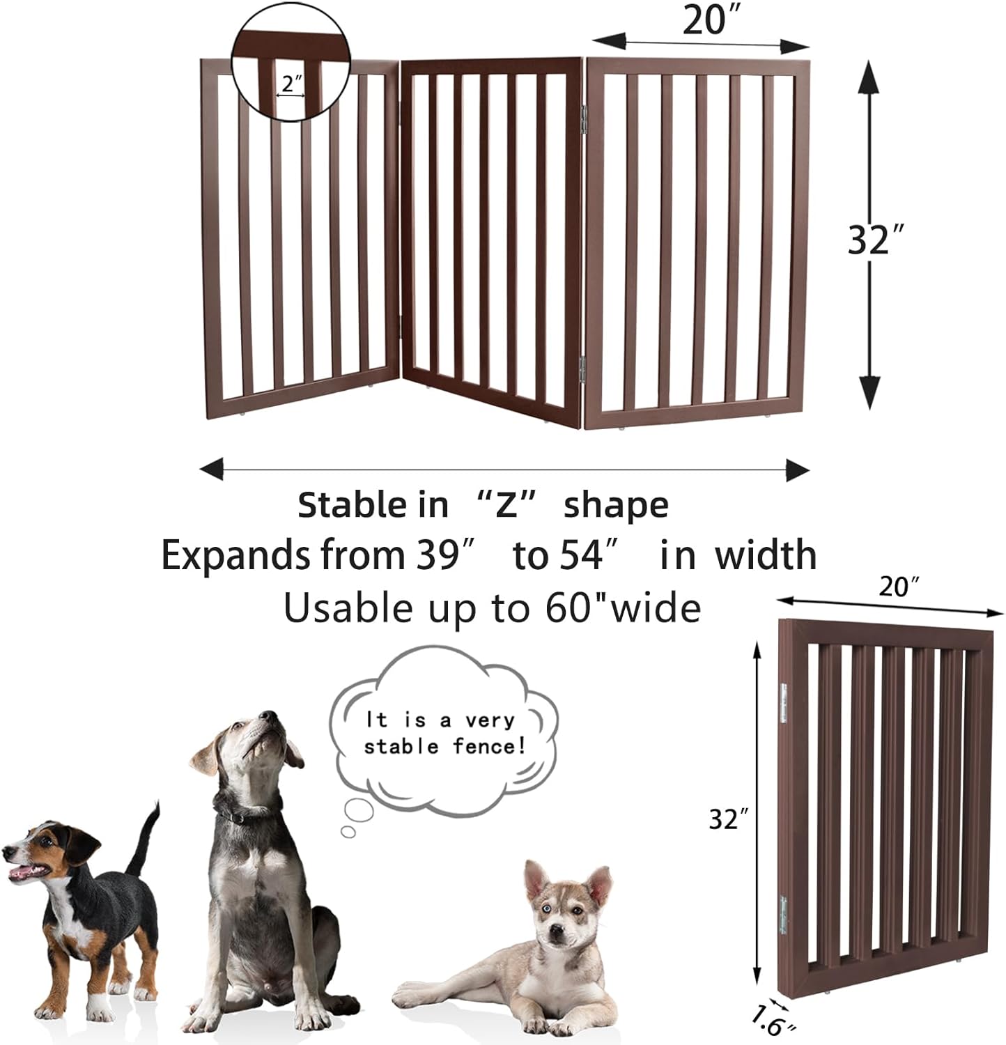 ZJSF Freestanding Indoor Dog Gate for House Foldable Wood Brown Puppy Gate for Doorways Pet Gate for Stairs Extra Wide Pet Fence 24" Height 2 Panels