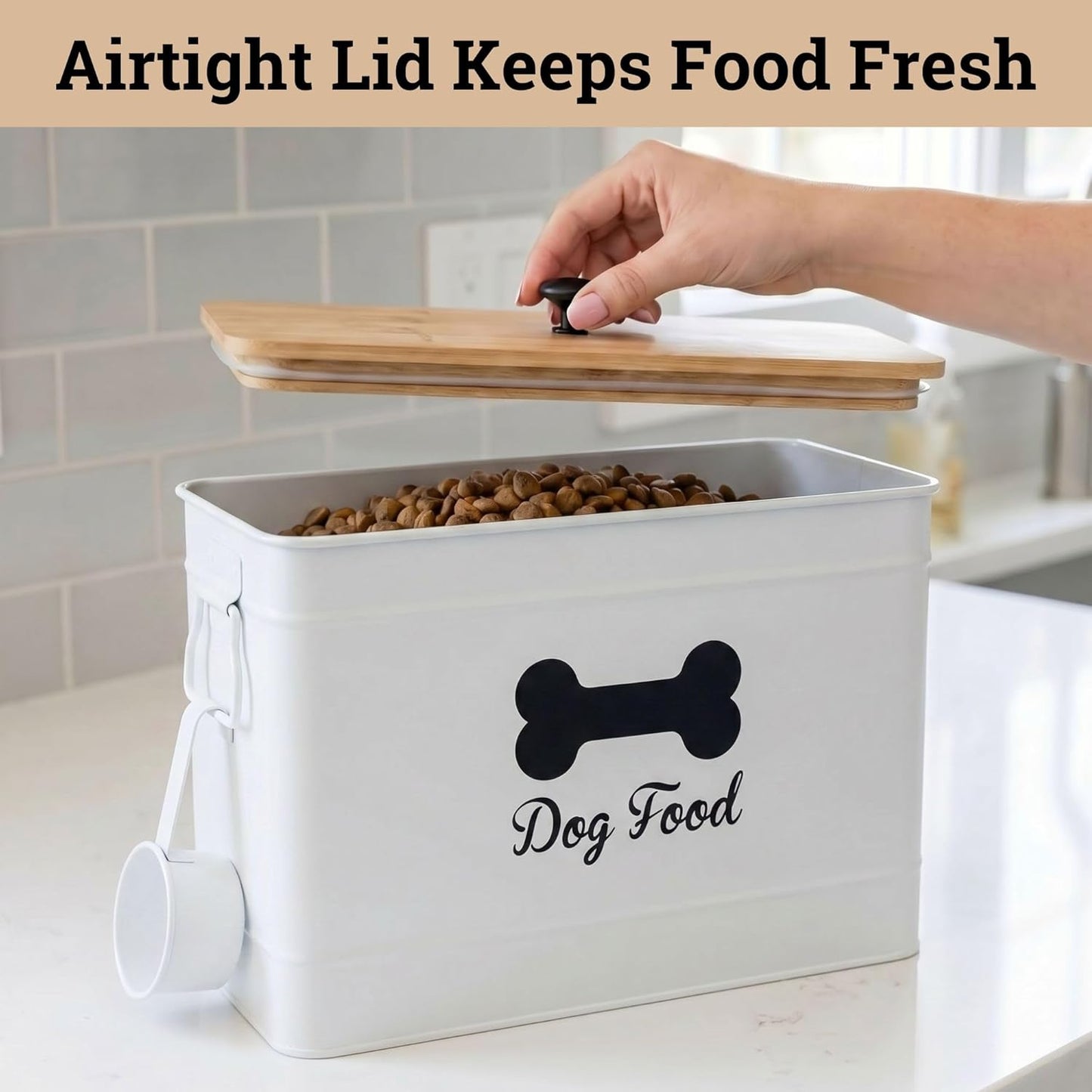 Dog Food Container Airtight 15-20 lb (70 Cup) Capacity with Metal Scoop - Cute Airtight Dog Food Storage Container with Bamboo Lid - Black Metal Kibble Storage Bin for Dogs up to 100 lbs - Big Pet Jar