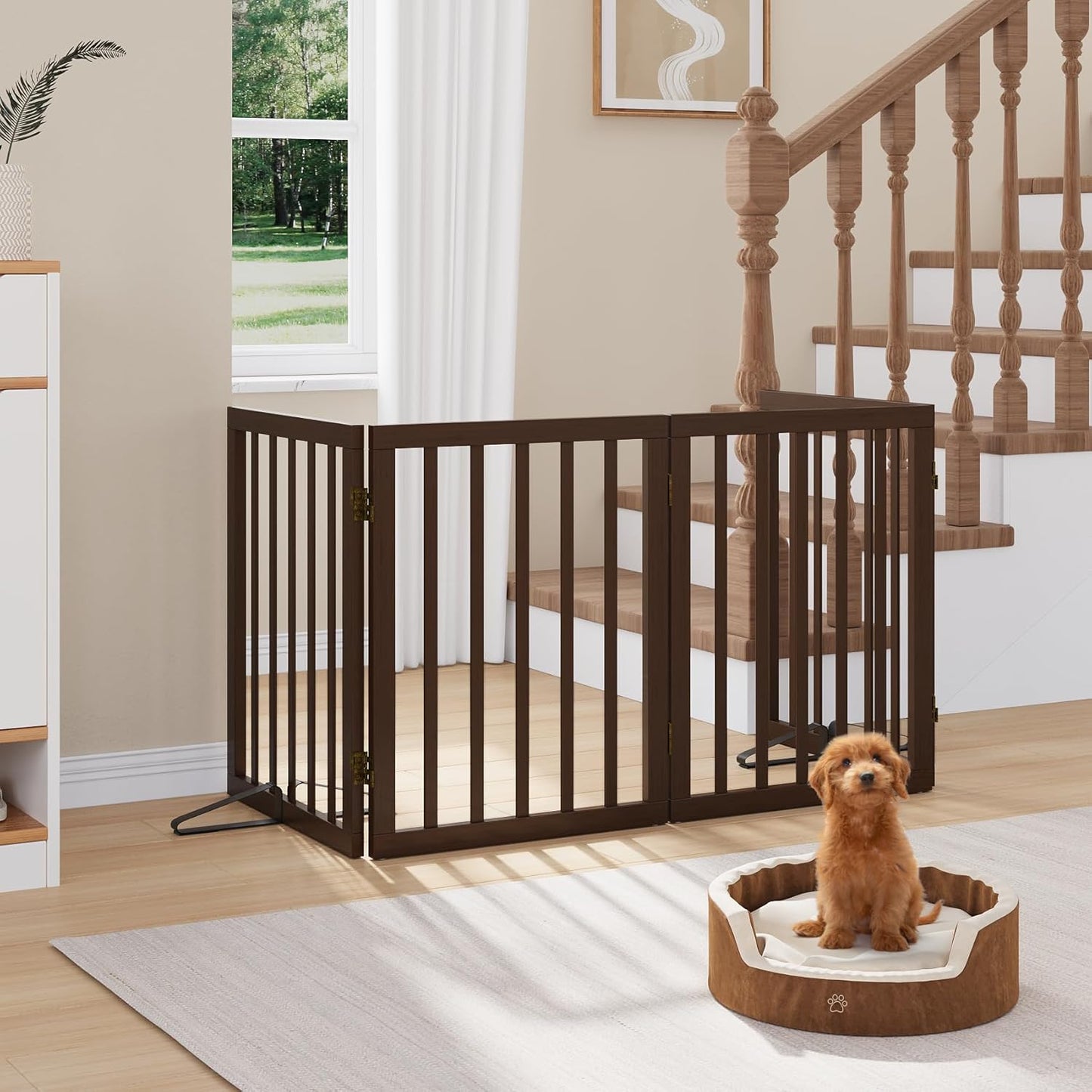 Freestanding Dog Gates Indoor, 3-Panel Pet Gates with 2 Metal Stands and 360° Hinge, 24" H Foldable Dog Gate for Stairs, Doorway, Kitchen, Expands Up to 55" Fully Assembled - Black Walnut
