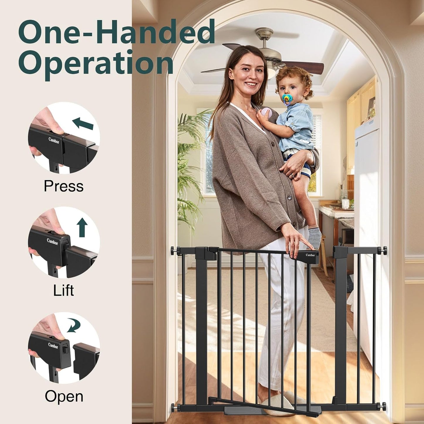 Cumbor 36.6-64" Extra Wide Baby Gate for Stairs, Dog Gates for Doorways, Auto-Close Pet Gate Indoor, Pressure Mounted Walk Through Safety Child Gate for Kids Toddler, Tall Pet Puppy Fence Gate, Brown