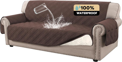 PrinceDeco 100% Waterproof Couch Cover for 3 Cushion Couch Sofa Pet Friendly Non-Slip Couch Cover for Dogs Washable Water Resistant Furniture Protector with Elastic Straps(Sofa 68", French Oak)