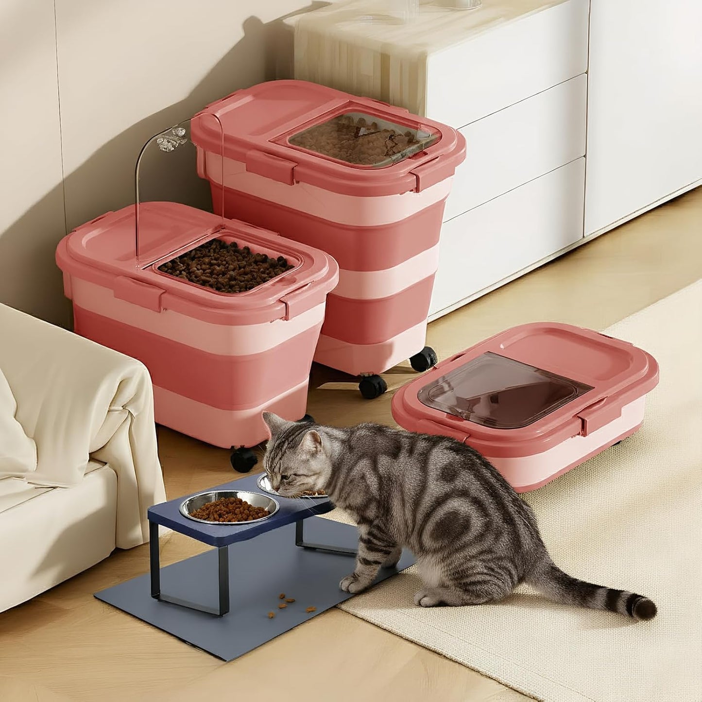 Summark 15 Lbs Dog/Cat Food Storage Container,Collapsible Food Storage Containers with Rolling Wheel Airtight Locking Lid,Pet Food Storage Container with Cup and Scoop,Grey