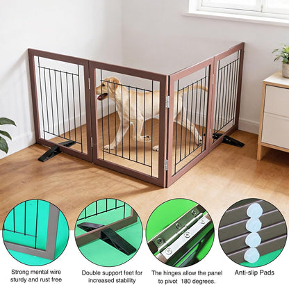 ZJSF Freestanding Dog Gate Indoor, Foldable Dog Fence for Doorways,Hallways or Stairs, Sturdy Wood Extra Wide Pet Gate with Support Feet,Black,24 "Height-3 Panels