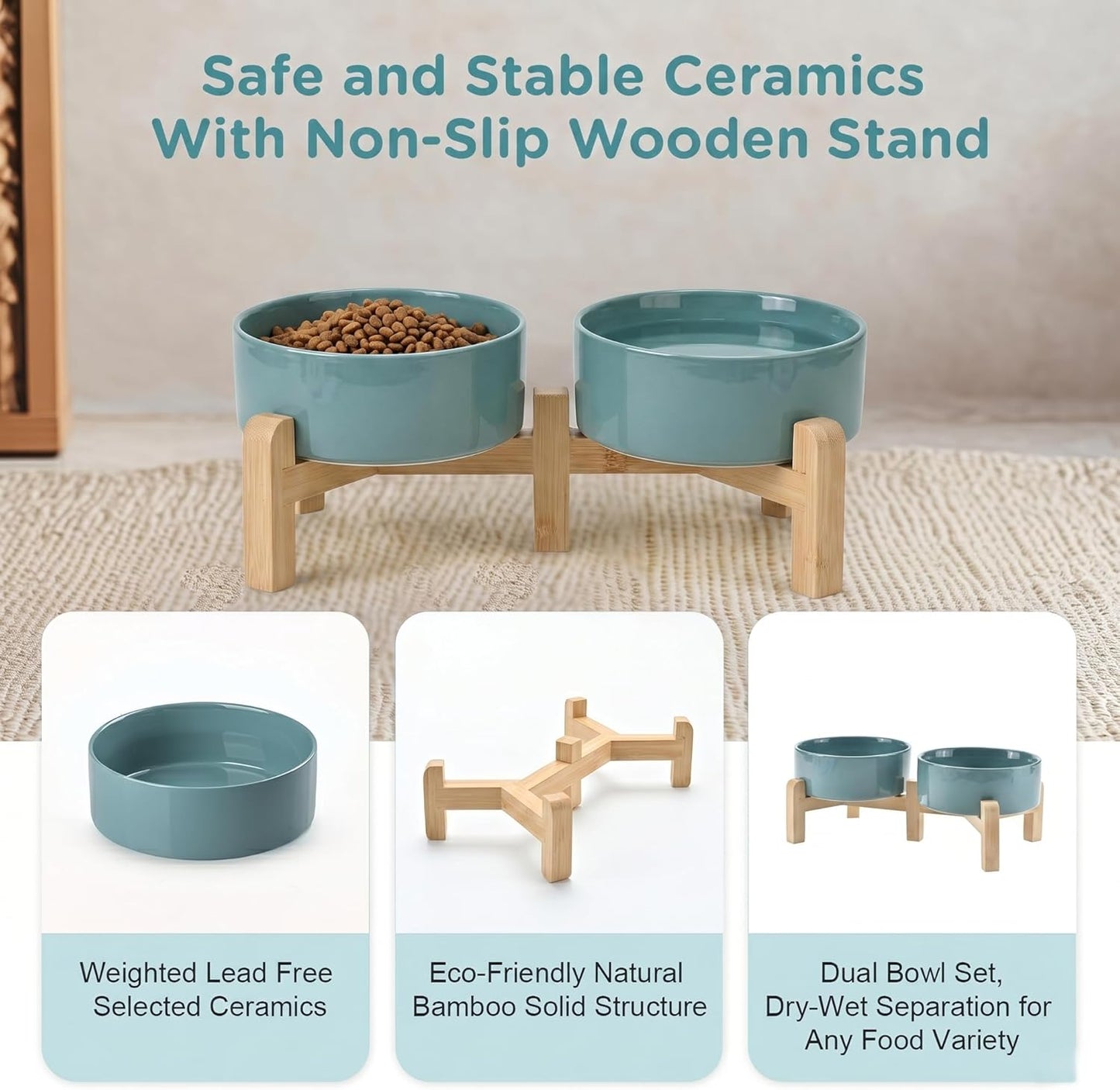 SPUNKYJUNKY Elevated Dog Bowls Ceramic, 6.1'' Dogs and Cat Food Water Bowls Raised with Non-Slip Bamboo Stand for Medium Sized Breed Microwave Dishwasher Safe - 28.7 OZ,Beige