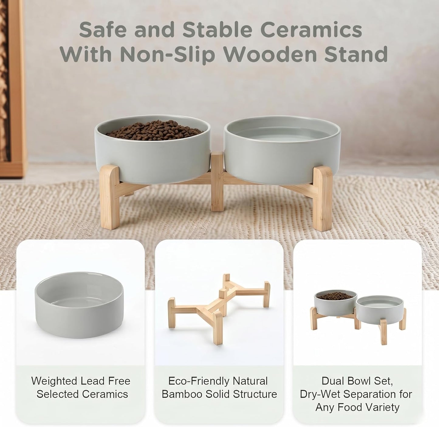 SPUNKYJUNKY Elevated Dog Bowls Ceramic, 6.1'' Dogs and Cat Food Water Bowls Raised with Non-Slip Bamboo Stand for Medium Sized Breed Microwave Dishwasher Safe - 28.7 OZ,Beige