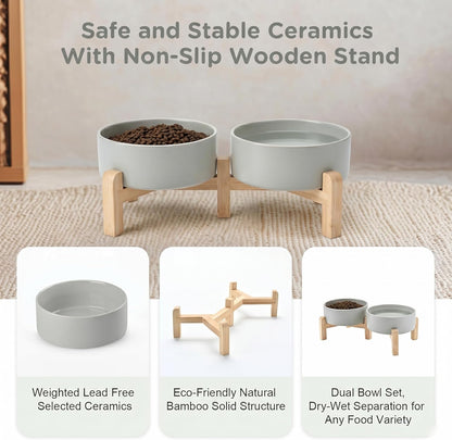 SPUNKYJUNKY Elevated Dog Bowls Ceramic, 6.1'' Dogs and Cat Food Water Bowls Raised with Non-Slip Bamboo Stand for Medium Sized Breed Microwave Dishwasher Safe - 28.7 OZ,Beige