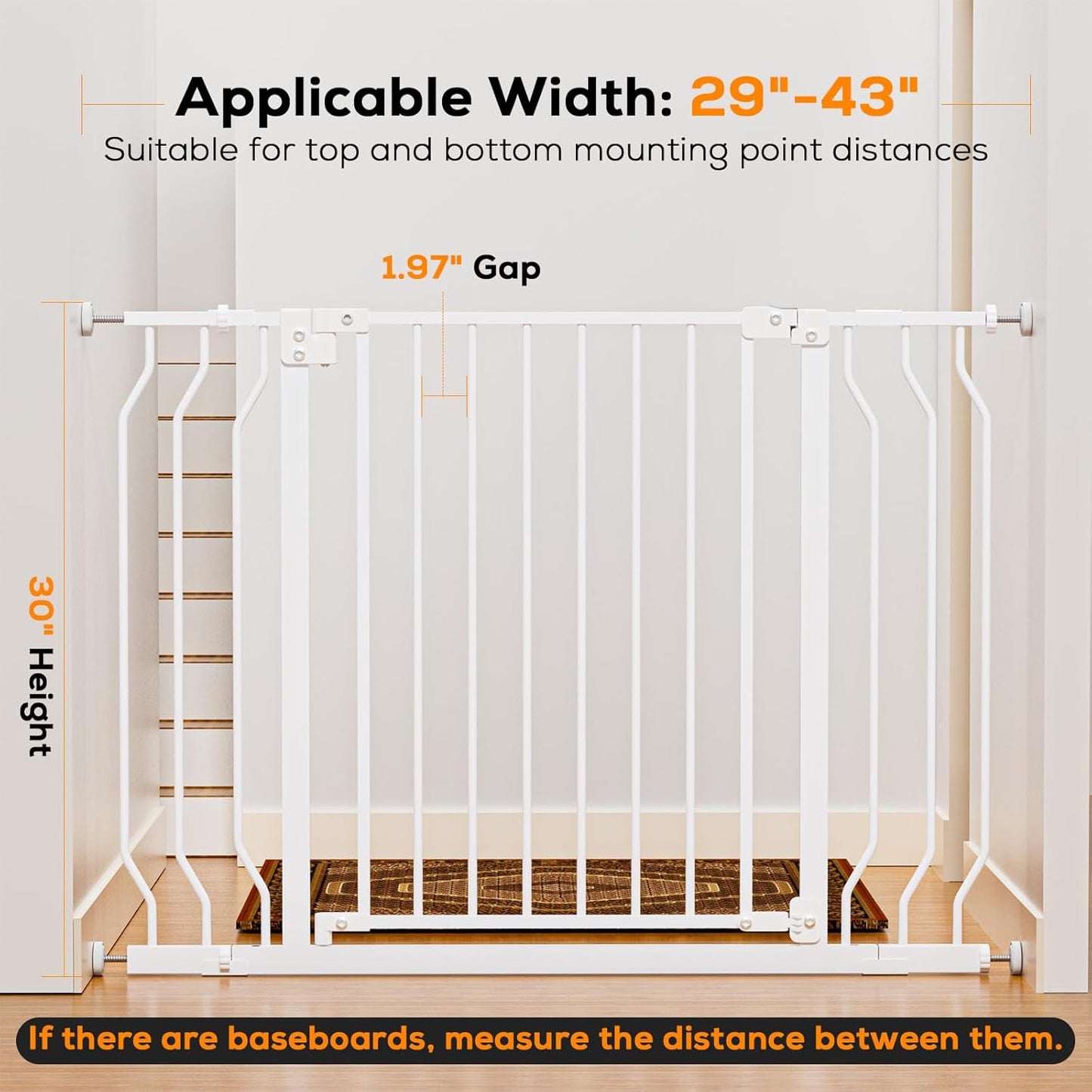 29-43" Baby Gate for Stairs, Baby Safety Essentials, Auto Close Gate for Doorways, Easy Install Pressure Mounted Dog Gate Indoor, Pet Gates for Dogs, White