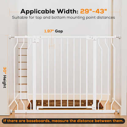 29-43" Baby Gate for Stairs, Baby Safety Essentials, Auto Close Gate for Doorways, Easy Install Pressure Mounted Dog Gate Indoor, Pet Gates for Dogs, White