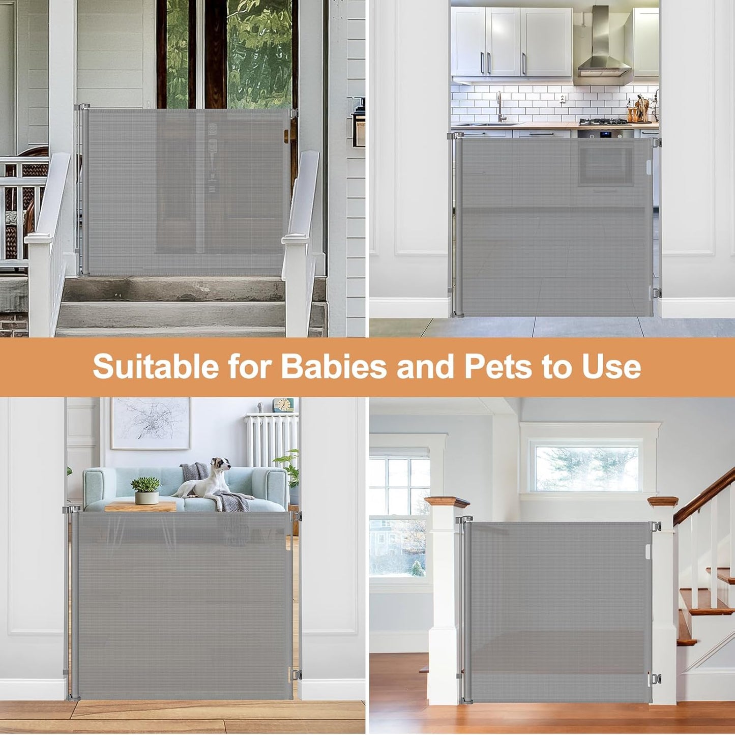 48" Extra Tall Retractable Dog Gate Indoor Prevent Your Baby/Dog/Cat from Jumping Over 55" Wide Extra Tall Retractable Baby Gate for Doorway Mesh Gates for Kids or Pets Puppy Gates for the House, Gray