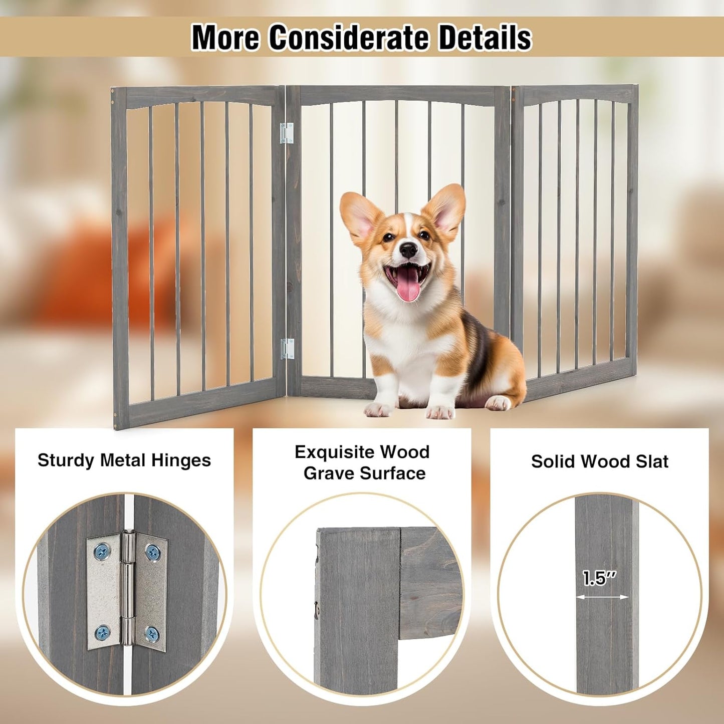PETSITE 3-Panel Foldable Dog Gate Indoor, 30 Inch Height Wooden Freestanding Pet Fence for Stairs, Hallways, and Doorways, Ideal for Small Sized Pets (Grey)