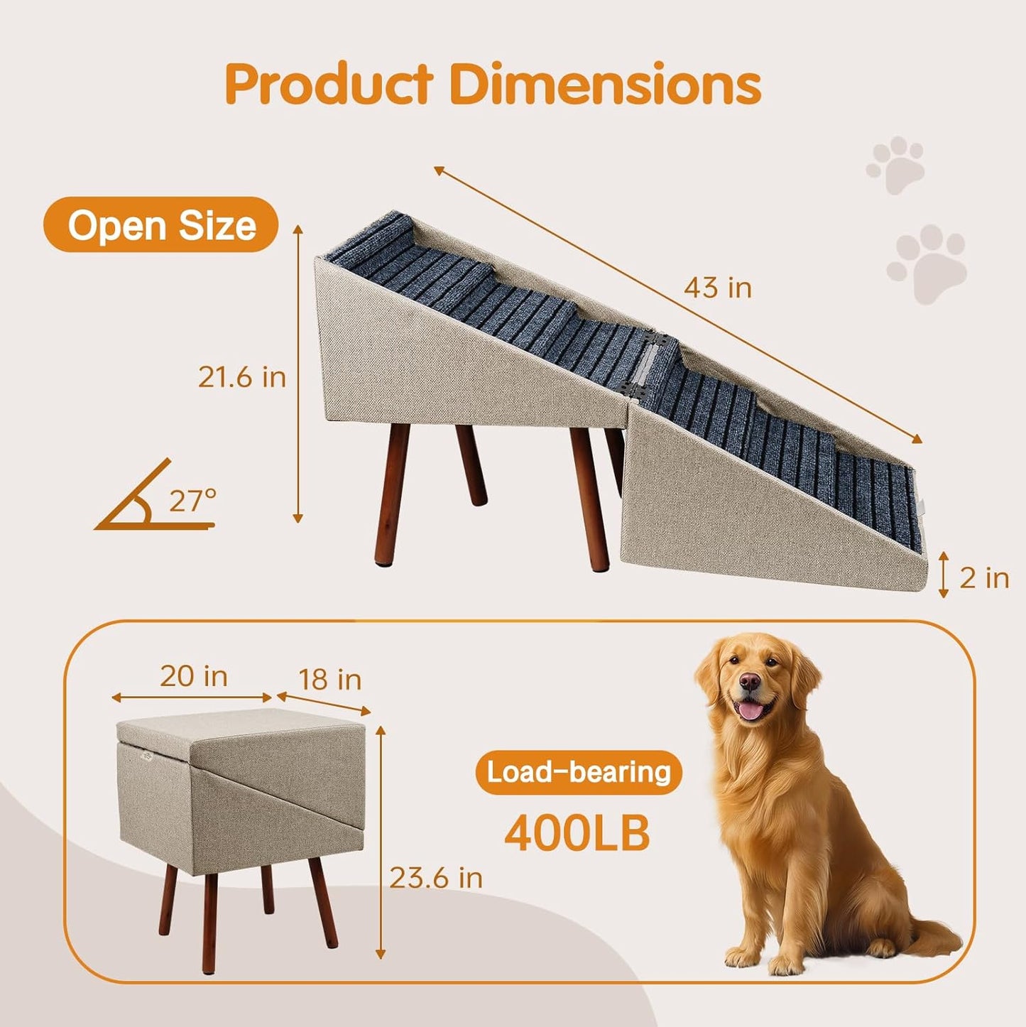 Dog Stairs for High Bed, 2-in-1 Ottoman Dog Stairs, 21 Inch Working Height, 6 Steps and Non-Slip Design for Large Dogs, Wooden Pet Furniture