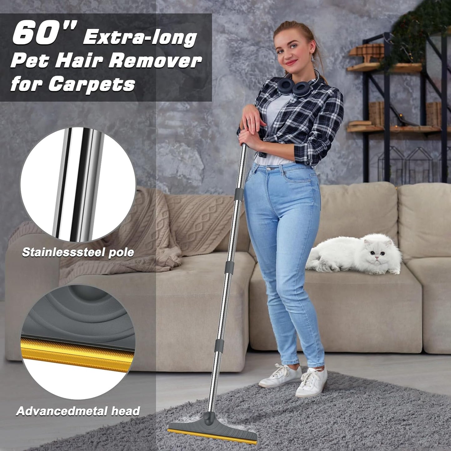 B-Land Carpet Rake for Pet Hair Removal, Reusable Pet Hair Remover with 60” Adjustable Long Handle, Carpet Scraper Broom Dog Cat Hair Remover Tool Fur Sweeper for Rugs, Mats