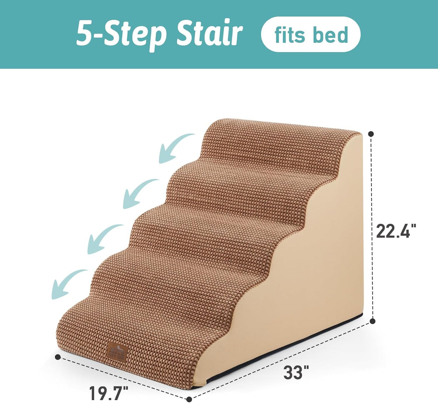 COZY KISS Extra Wide Dog Stairs with Tunnel, Foam Detachable Large Dog Step for Small Pet, Puppy or Cats, Medium Pet Ramp for High Bed, Couch, Sofa or Car, 19.7x33x22.4 inch, 5 Step, Beige