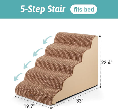 COZY KISS Extra Wide Dog Stairs with Tunnel, Foam Detachable Large Dog Step for Small Pet, Puppy or Cats, Medium Pet Ramp for High Bed, Couch, Sofa or Car, 19.7x33x22.4 inch, 5 Step, Beige
