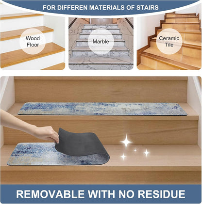Tiveney Stair Treads Non Slip for Wooden Steps, 15PCS 8"x30" Grey Rubber Backing Stair Runner Mats, Washable Reusable Carpet for Stairs Rugs Indoor Safety Staircase Step Treads for Kids Elders Dogs