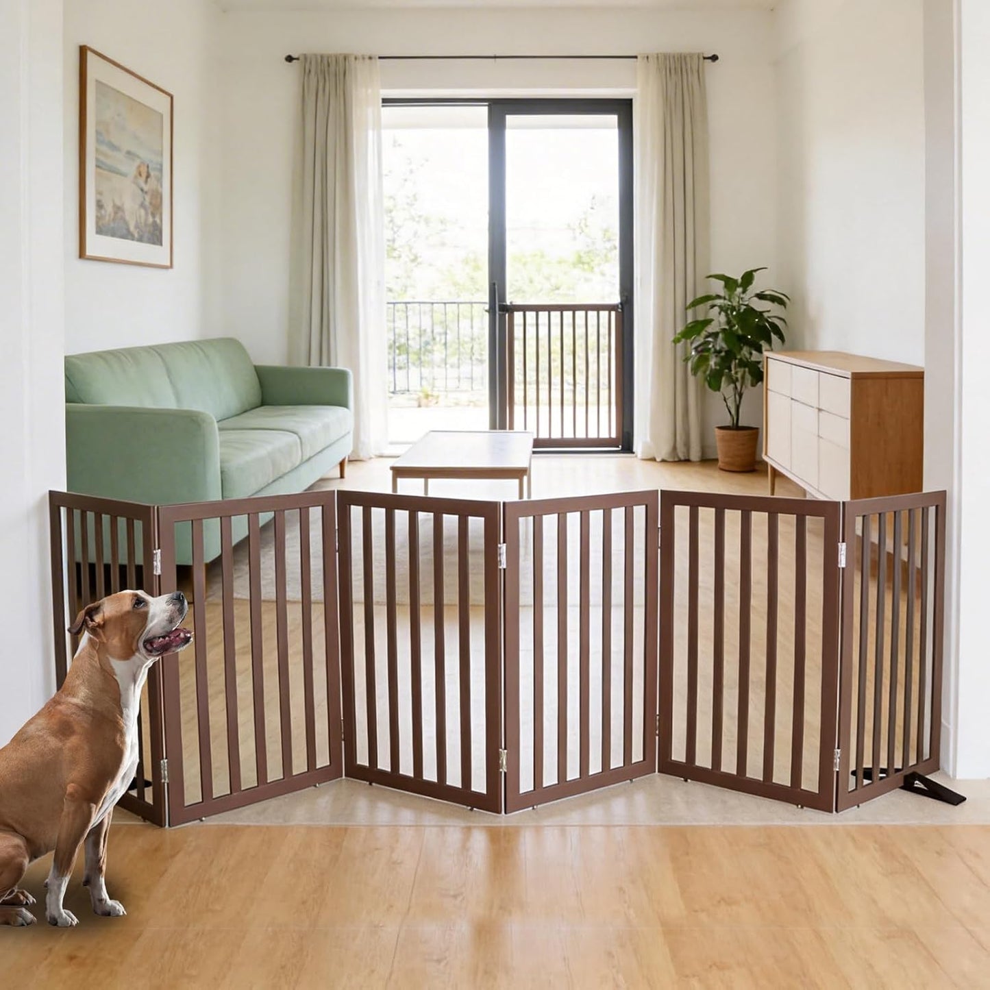 ZJSF Freestanding Indoor Dog Gate for House Foldable Wood Puppy Gate for Doorways Pet Gate for Stairs Extra Wide Pet Fence, Brown, 24" Height 3 Panels
