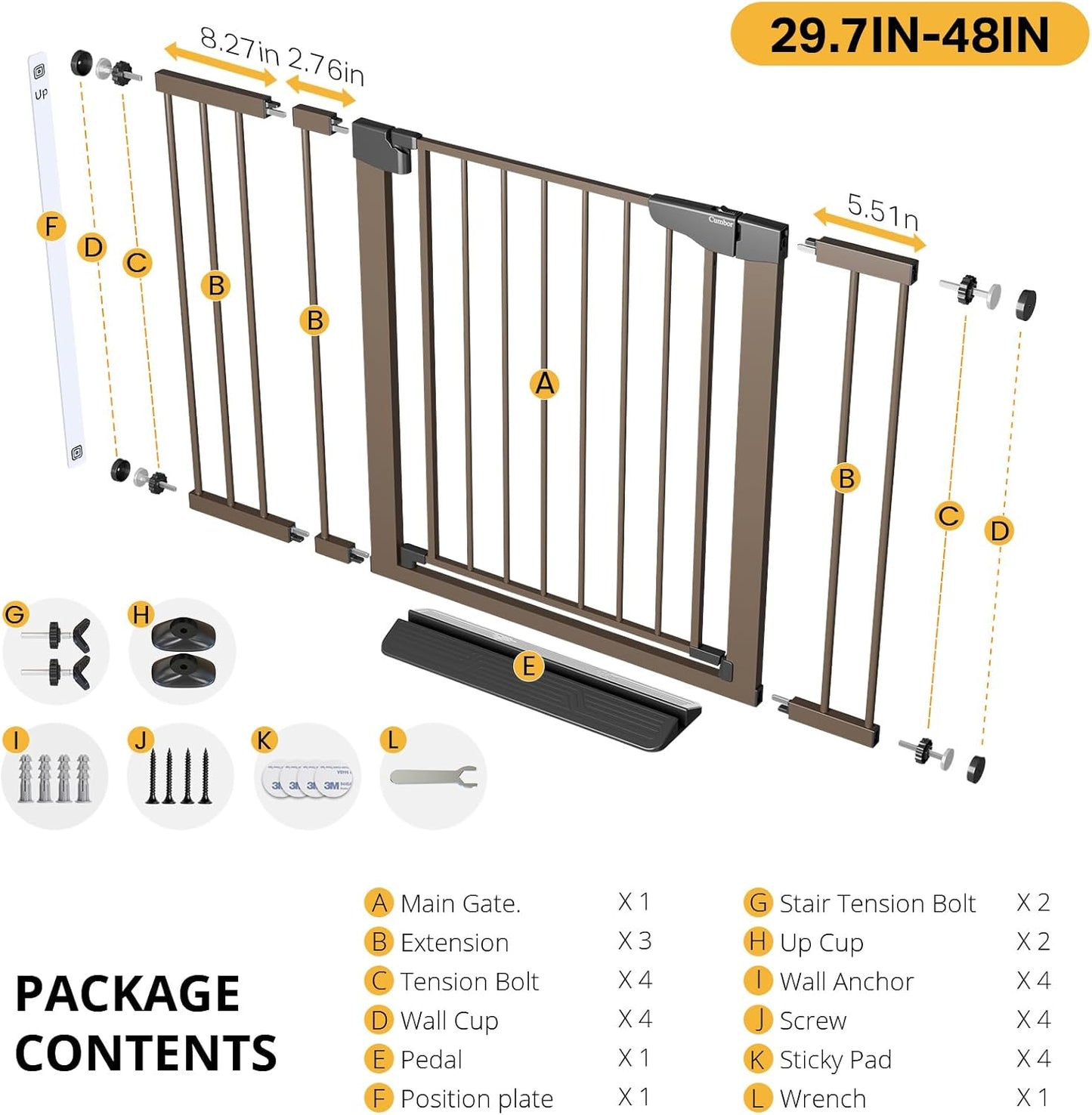 Cumbor 36.6-64" Extra Wide Baby Gate for Stairs, Dog Gates for Doorways, Auto-Close Pet Gate Indoor, Pressure Mounted Walk Through Safety Child Gate for Kids Toddler, Tall Pet Puppy Fence Gate, Brown