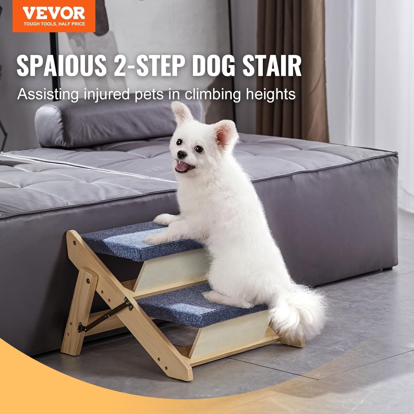 VEVOR Wood Pet Stairs, 2-Step Dog Stairs for Beds, Sofa & Cars, 110lbs Load Capacity, Floded Flat Design, Stable & Sturdy Cat & Dog Step Ladder for Small Medium Large Older Pet Puppy Essentials