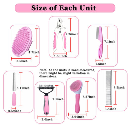 7PCS Dog Grooming Brush Kit for Shedding and Matted Fur, Self-Cleaning Slicker Brush with Undercoat Rake, Flea Comb for Long-Haired Pets, Blue
