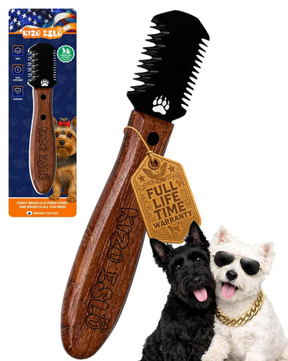KIZO ESLO Dog Dematting Brush & Undercoat Rake for Doodles, Poodles & Long-Haired Pets, Detangling Comb for Thick Curly Coats, Removes Mats, Knots & Tangles, Stainless Steel Teeth with Wooden Handle