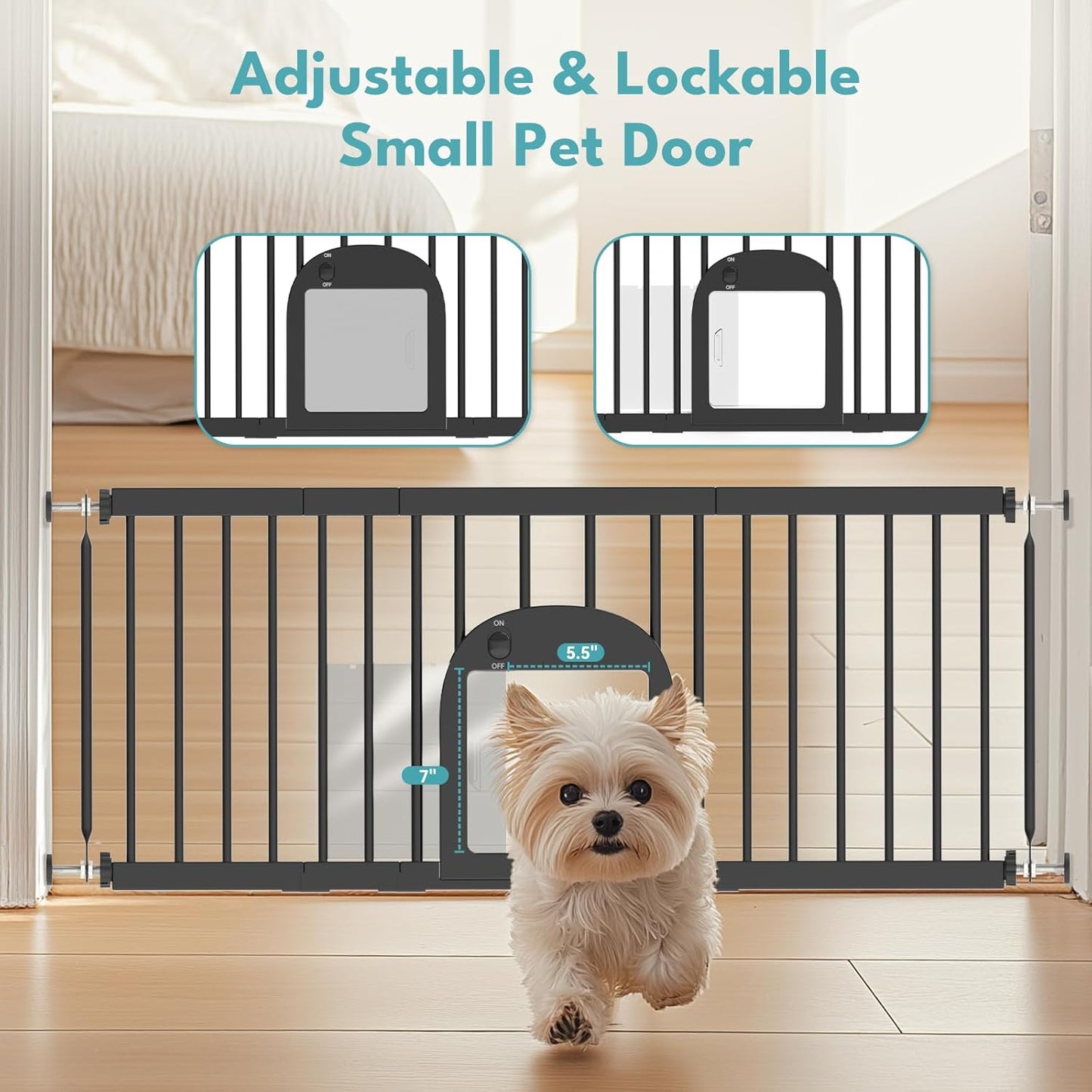 No Pawblems Dog Gate with Small Pet Door, 16"-42.7" Adjustable Metal Short Dog Gate to Step Over, 16.5" Tall Small Pet Gate with 3 Extension Kits, Pressure Mounted Gate for Doorways & Stairs, White