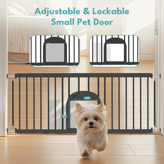 No Pawblems Dog Gate with Small Pet Door, 16"-42.7" Adjustable Metal Short Dog Gate to Step Over, 16.5" Tall Small Pet Gate with 3 Extension Kits, Pressure Mounted Gate for Doorways & Stairs, White