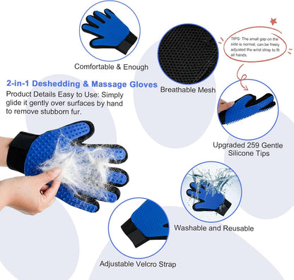 3 Pack Pet Hair Removal Tools for Dog & Cat, Five-Finger Pet Hair Remover Gloves, Deshedding Massage Gloves for Shedding Bathing, 2-Sided Hair Remover Brush for Furniture Bed Clothing Carpet Rake