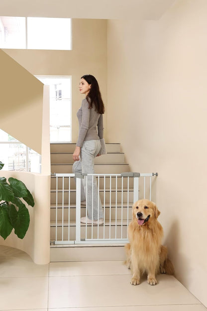 44.72"-46.89" Baby and Pet Safety Gate, 30" Tall Metal Walk-Thru Gate for Doorways & Stairs, Easy One-Hand Open, Dual Lock, Extensions & Wall Mounts Included (Brown, 29"-46" W x 30.5“H)