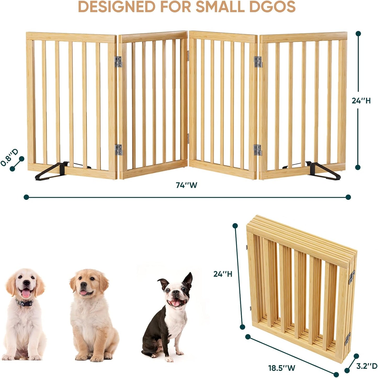Freestanding Dog Gates Indoor, 3-Panel Pet Gates with 2 Metal Stands and 360° Hinge, 24" H Foldable Dog Gate for Stairs, Doorway, Kitchen, Expands Up to 55" Fully Assembled - Black Walnut